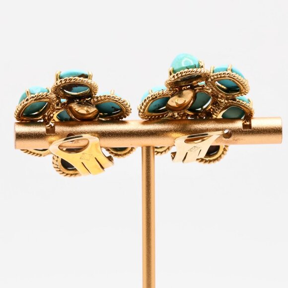 Vintage 18K Gold Family Heirloom Turquoise Diamond Clip On Earrings - Picture 9 of 16